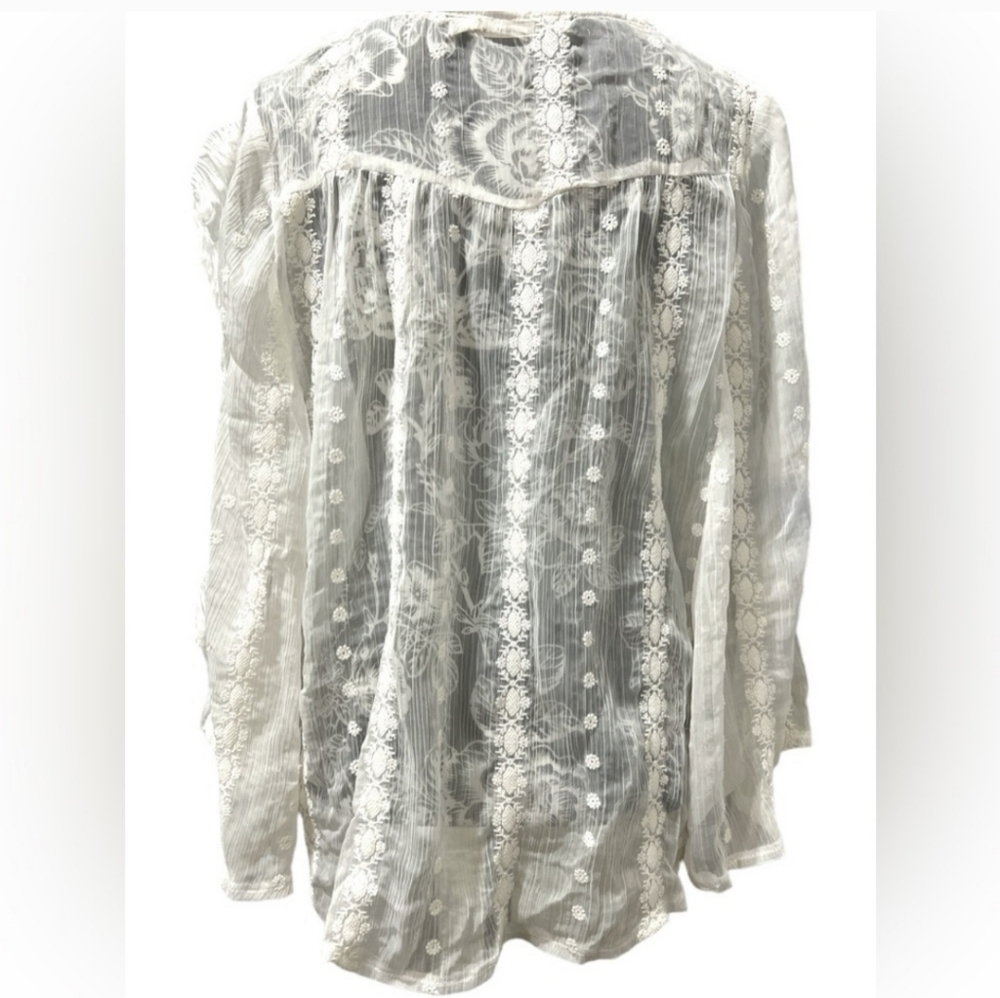 Bohemian Flowy Sheer Lace Embroidered  Lined Top Butterfly Sleeves White New - Picture 2 of 5